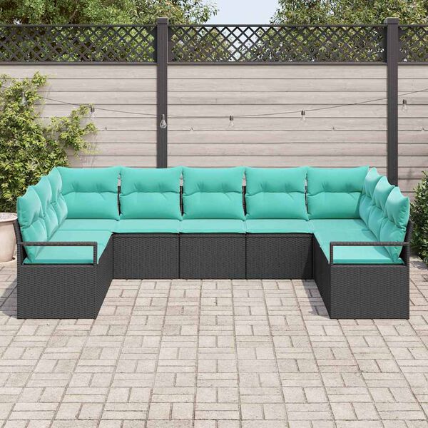 vidaXL Sofa Set with Cushion 9 pcs Black and Turquoise Poly Rattan