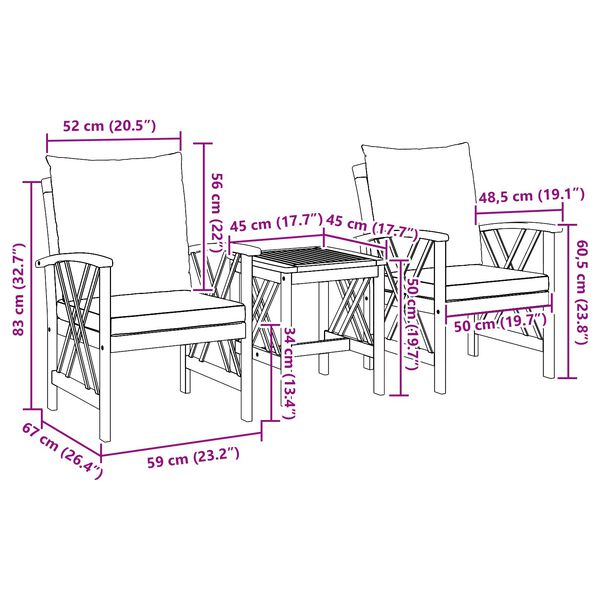 vidaXL 3 Piece Garden Lounge Set with Cushions Solid Acacia Wood