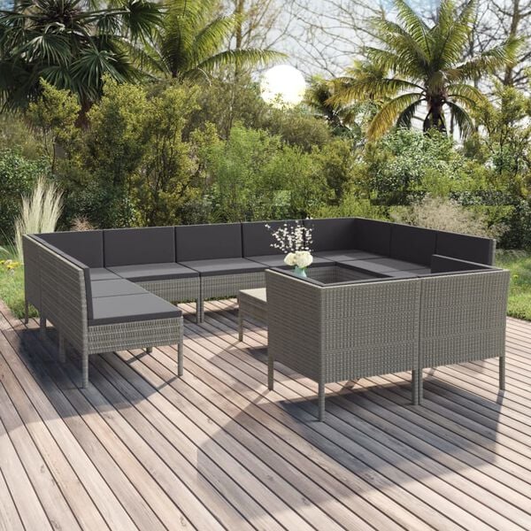 vidaXL 12 Piece Garden Lounge Set with Cushions Poly Rattan Grey