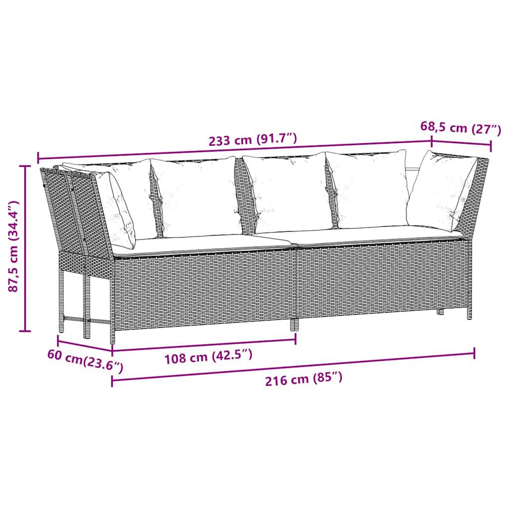 vidaXL Garden Sofa with Cushions Black Poly Rattan
