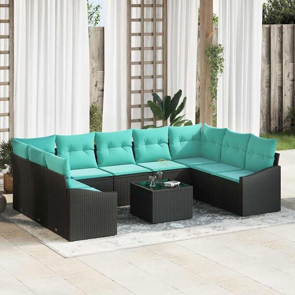 vidaXL Garden Sofa Set with Cushion 10 pcs Black and Turquoise