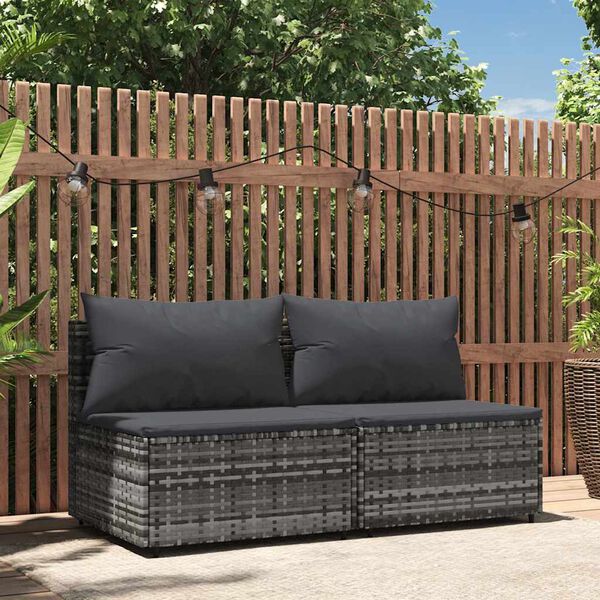 vidaXL Garden Middle Sofas with Cushions 2 pcs Grey Poly Rattan