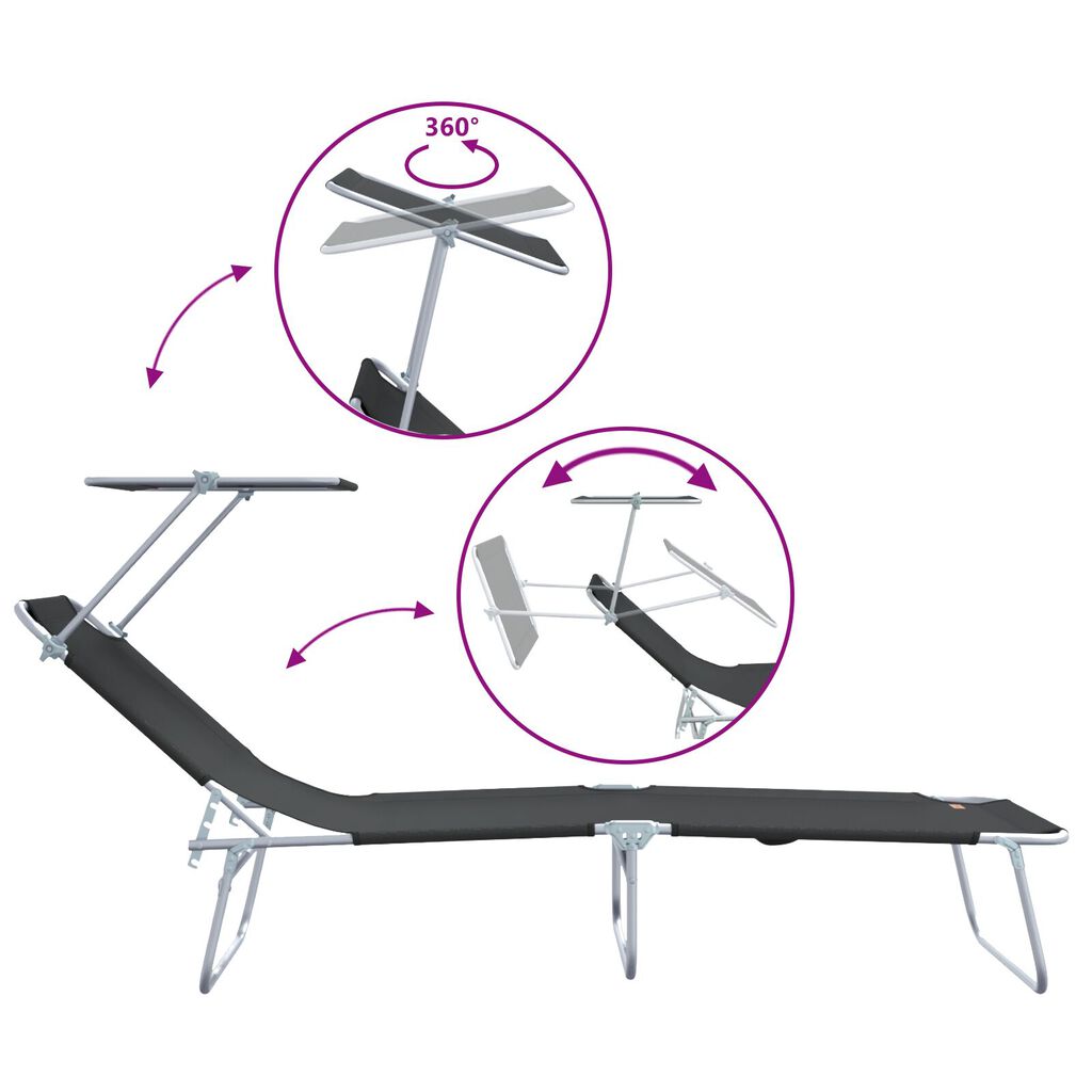 vidaXL Folding Sun Lounger with Canopy Steel and Fabric Black