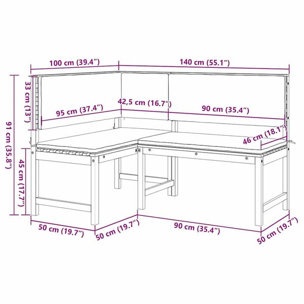 vidaXL Garden Corner Bench Brown 140 x 100 x 91cm Solid Acacia wood