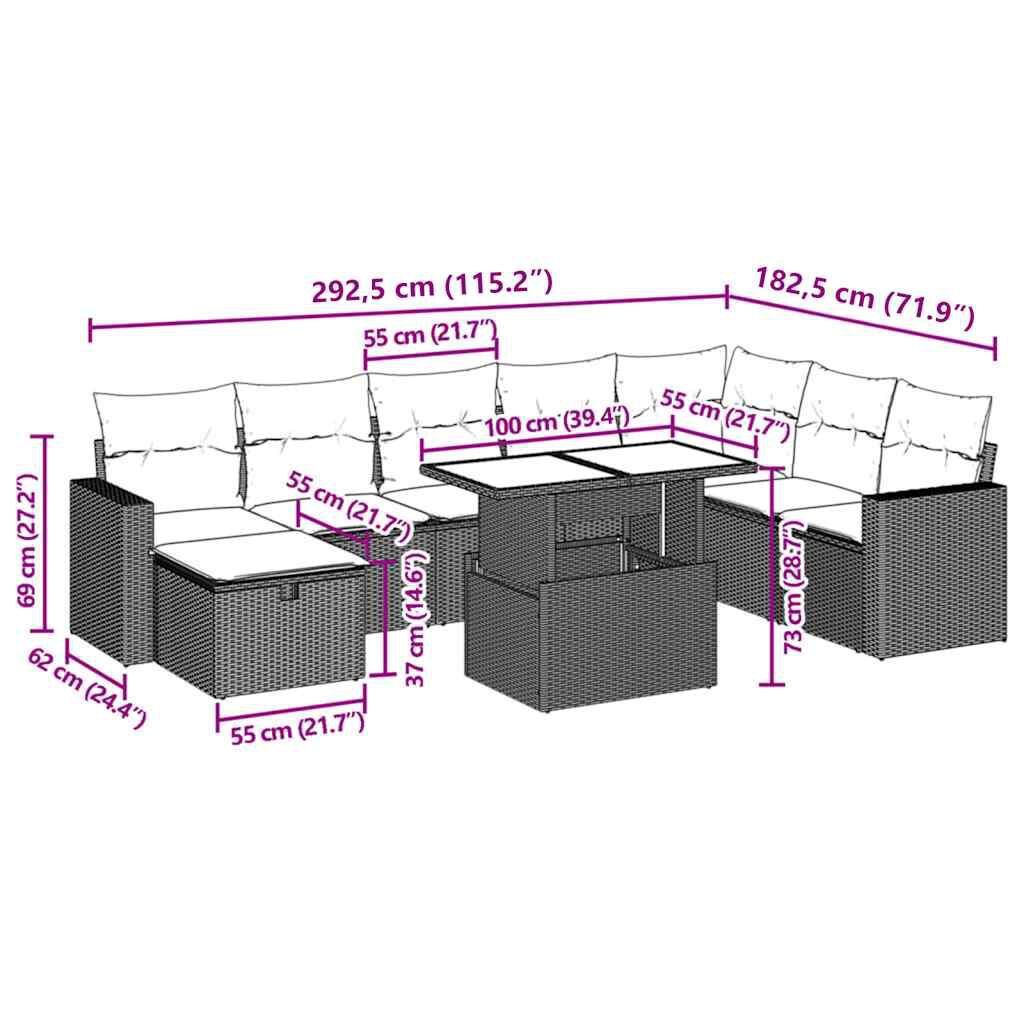 vidaXL 9 Piece Garden Sofa Set with Cushions Beige Poly Rattan