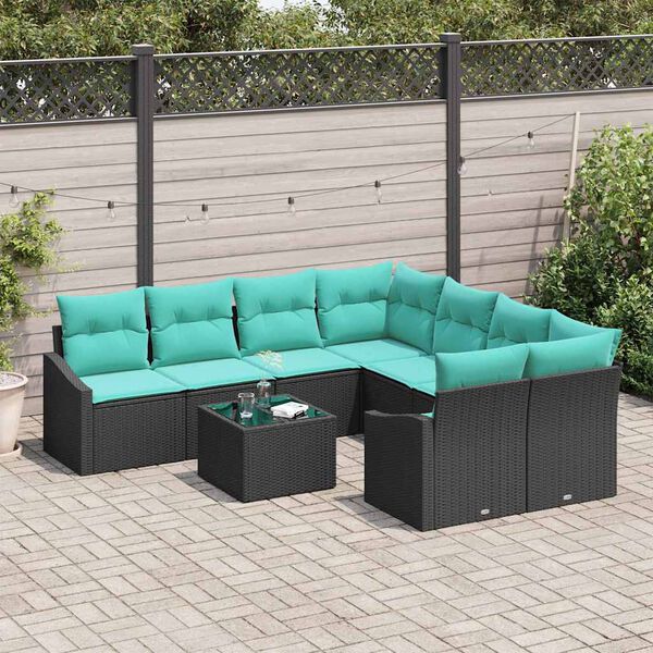 vidaXL Sofa Set with Cushion 9 pcs Black and Turquiose Poly Rattan