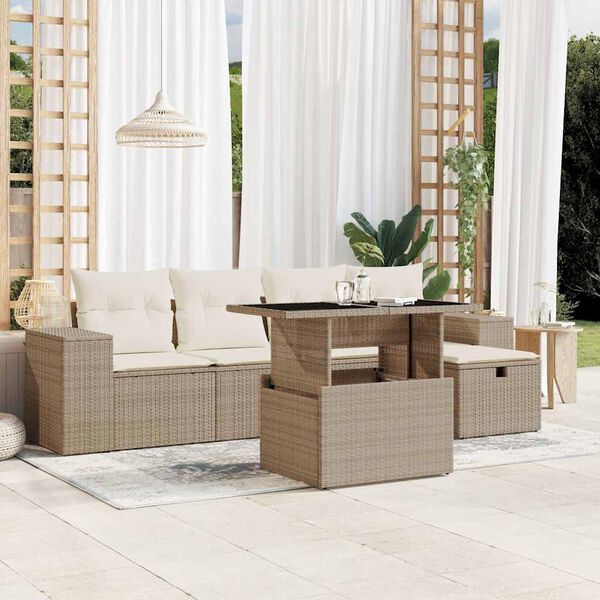 vidaXL 6 Piece Garden Sofa Set with Cushions Beige Poly Rattan