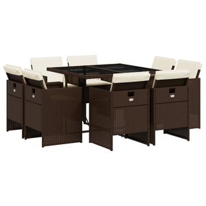 vidaXL 9 Piece Garden Dining Set with Cushions Brown Poly Rattan