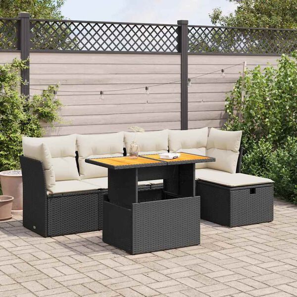 vidaXL 6 Piece Garden Sofa Set with Cushions Black Poly Rattan Acacia