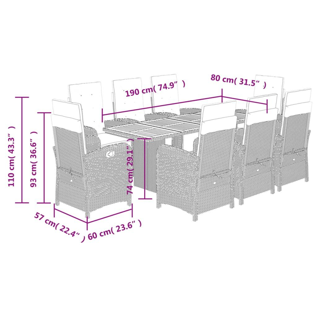 vidaXL 9 Piece Garden Dining Set with Cushions Beige Poly Rattan