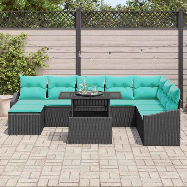 vidaXL Sofa Set with Cushion 9 pcs Black and Blue Poly Rattan