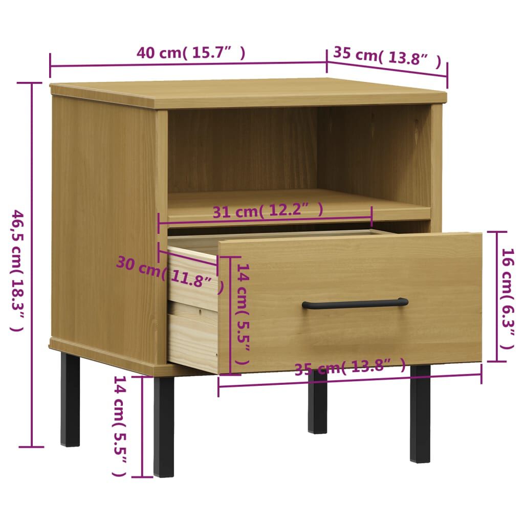 vidaXL Bedside Cabinet with Metal Legs Brown Solid Wood Pine OSLO