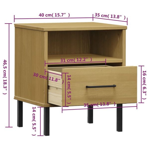 vidaXL Bedside Cabinet with Metal Legs Brown Solid Wood Pine OSLO