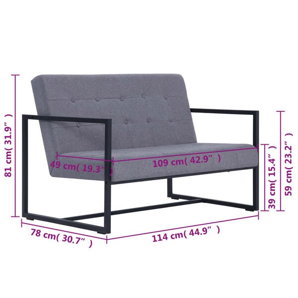 vidaXL 2-Seater Sofa with Armrests Light grey Steel and Fabric