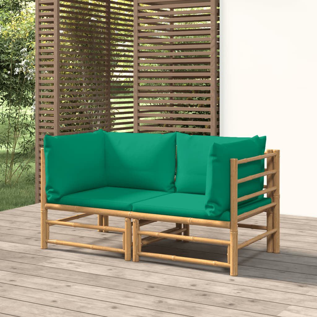 vidaXL Garden Corner Sofas with Green Cushions 2 pcs Bamboo