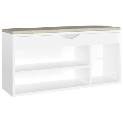 vidaXL Shoe Bench with Cushion High Gloss White 104x30x49 cm Engineered Wood