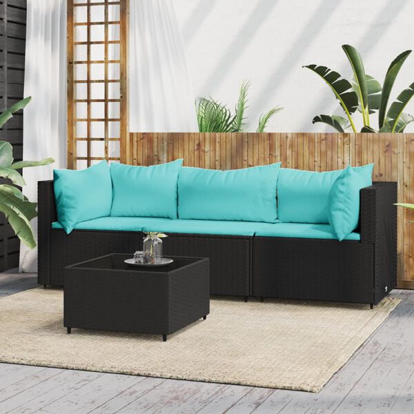 vidaXL 4 Piece Garden Lounge Set with Cushions Black Poly Rattan