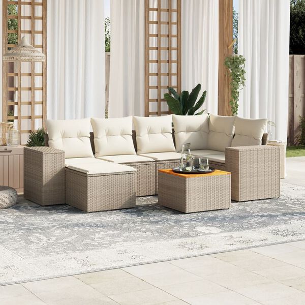 vidaXL 7 Piece Garden Sofa Set with Cushions Beige Poly Rattan