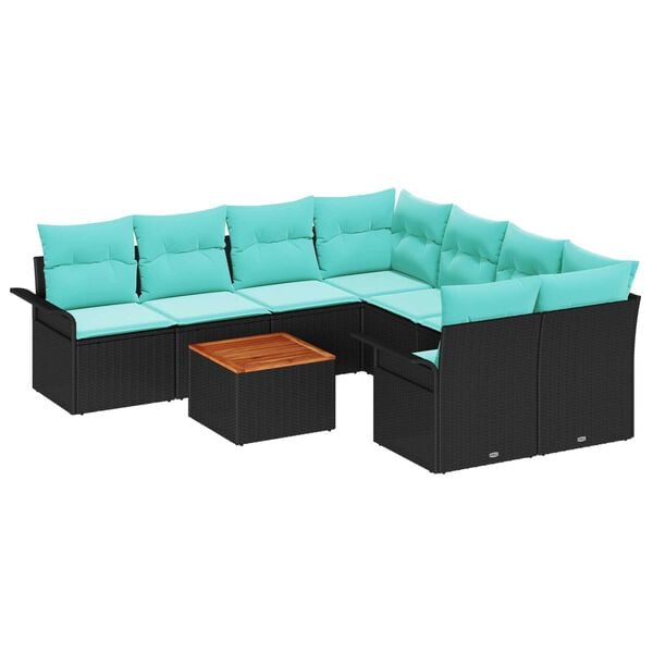 vidaXL 9 Piece Garden Sofa Set with Cushions in Black Poly Rattan and Acacia