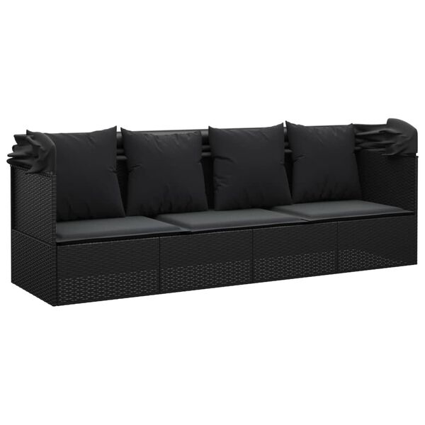 vidaXL Outdoor Lounge Bed with Roof and Cushions Black Poly Rattan