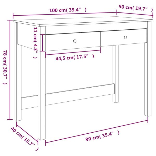 vidaXL Desk with Drawers White 100x50x78 cm Solid Wood Pine