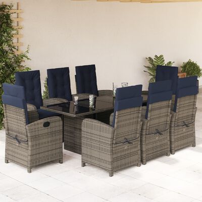 vidaXL 9 Piece Garden Dining Set with Cushions Grey Poly Rattan