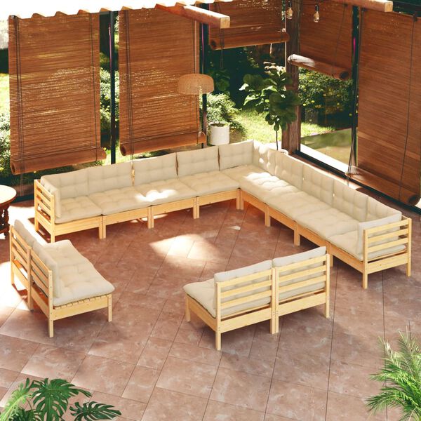 vidaXL 13 Piece Garden Lounge Set with Cream Cushions Solid Pinewood