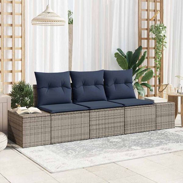 vidaXL Sofa Set with Cushion 3 pcs Grey Poly Rattan