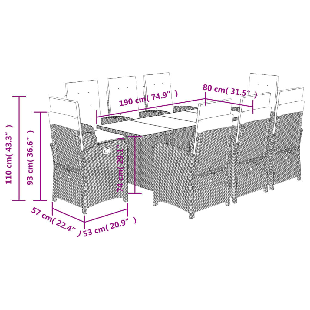 vidaXL 9 Piece Garden Dining Set with Cushions Beige Poly Rattan