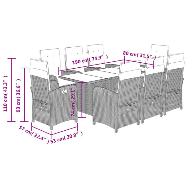 vidaXL 9 Piece Garden Dining Set with Cushions Beige Poly Rattan