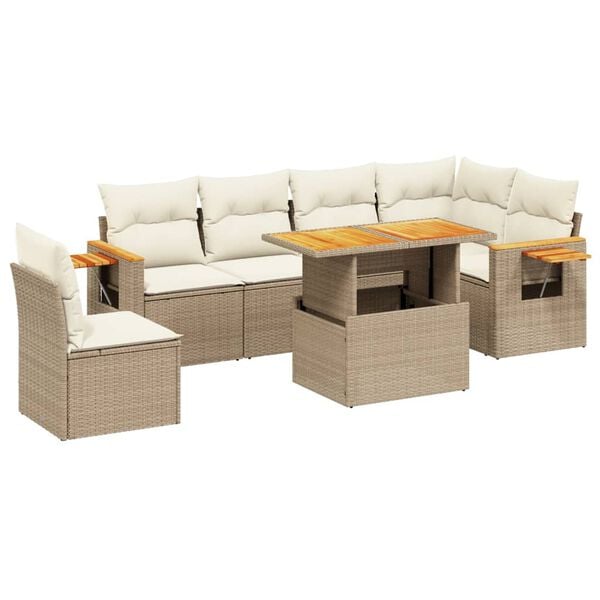 vidaXL 7 Piece Garden Sofa Set with Cushions Beige Poly Rattan