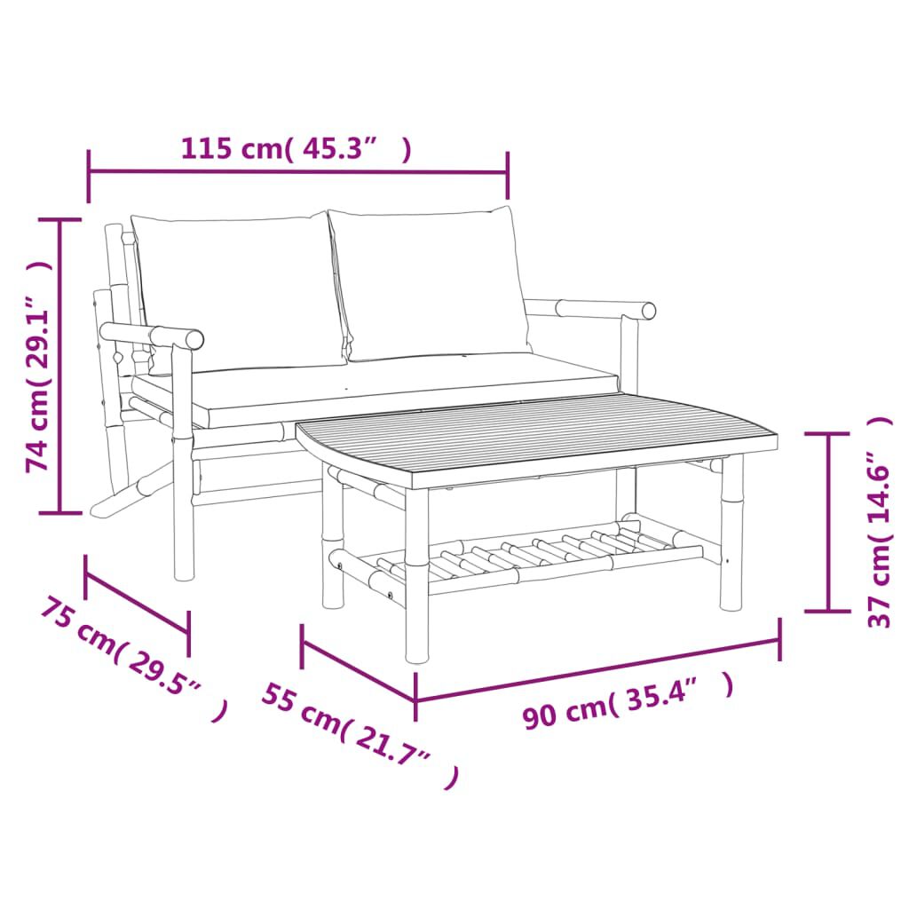 vidaXL 2 Piece Garden Lounge Set with Dark Grey Cushions Bamboo
