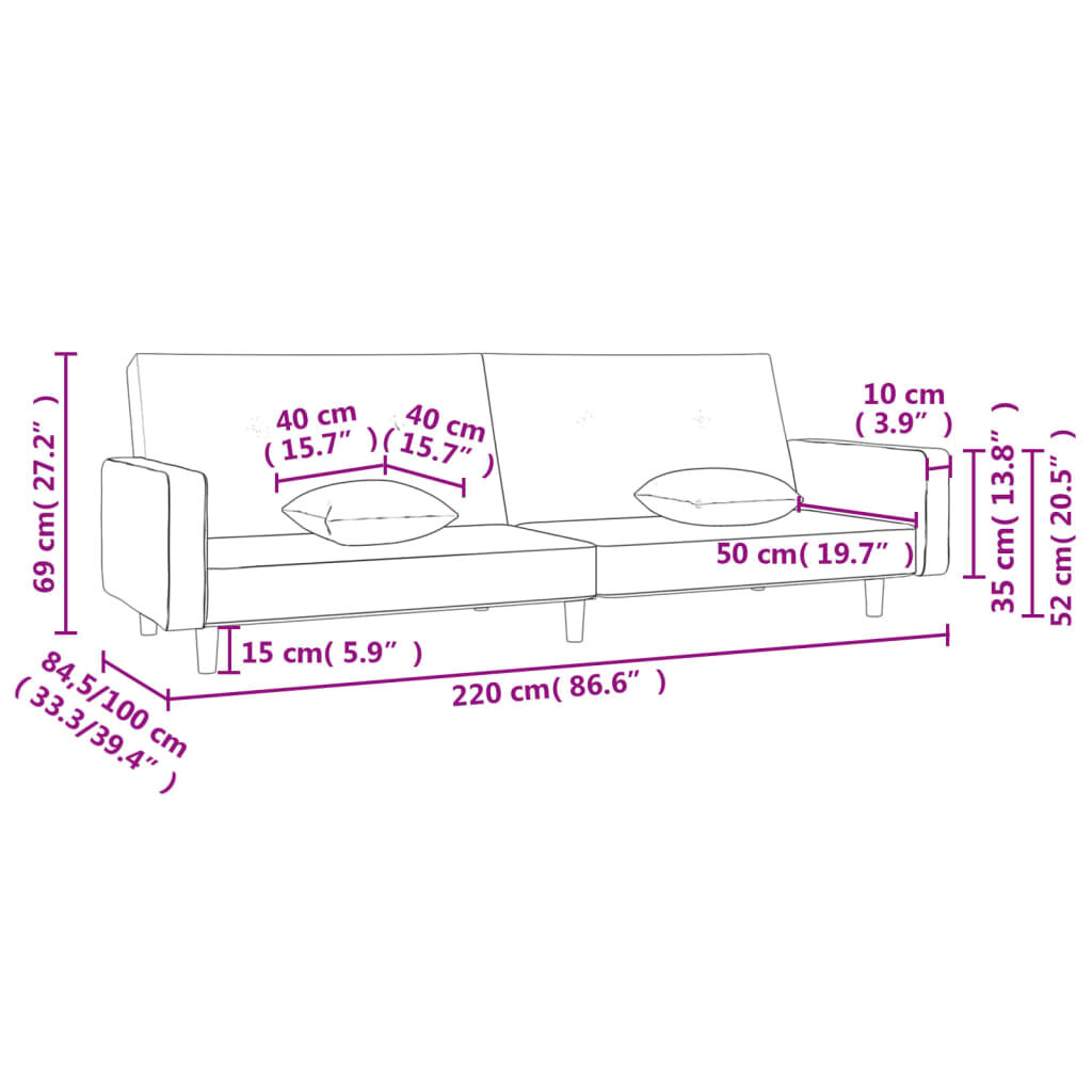 vidaXL 2-Seater Sofa Bed with Two Pillows Black Fabric