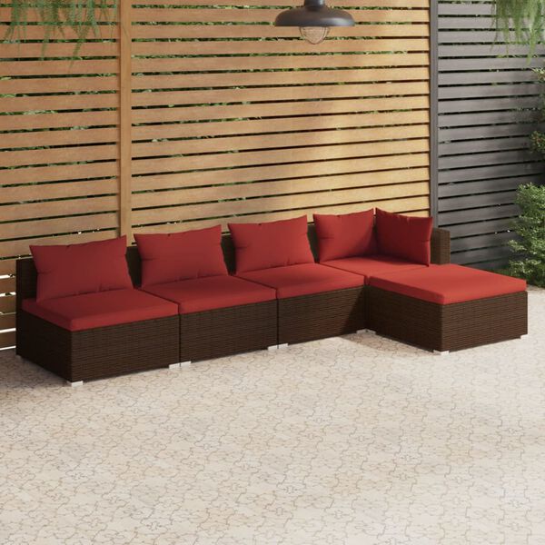vidaXL 5 Piece Garden Lounge Set with Cushions Poly Rattan Brown