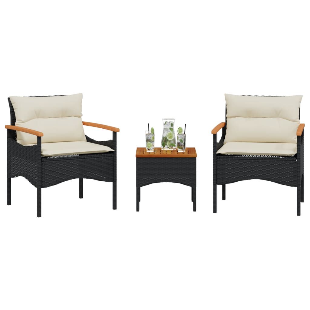 vidaXL 3 Piece Garden Sofa Set with Cushions Black Poly Rattan