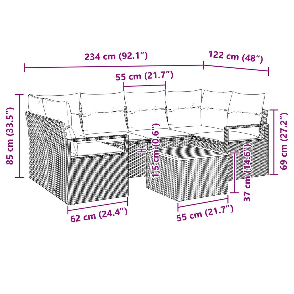 vidaXL 7 Piece Garden Sofa Set with Cushions Black Poly Rattan Acacia