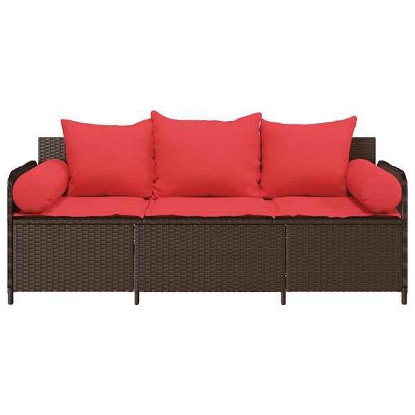 vidaXL Garden Sofa with Cushions 3-Seater Brown Poly Rattan