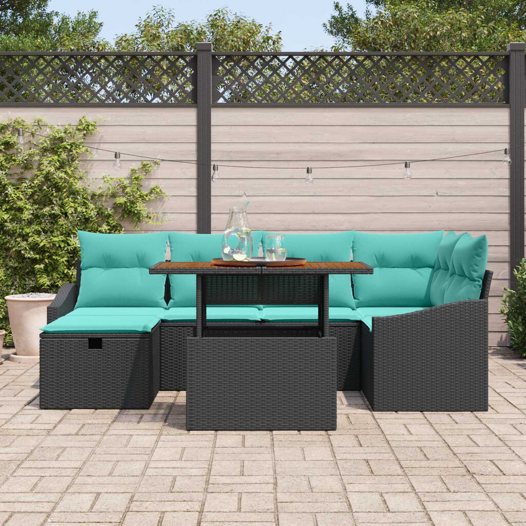 vidaXL 7 Piece Garden Sofa Set with Cushions Black Poly Rattan