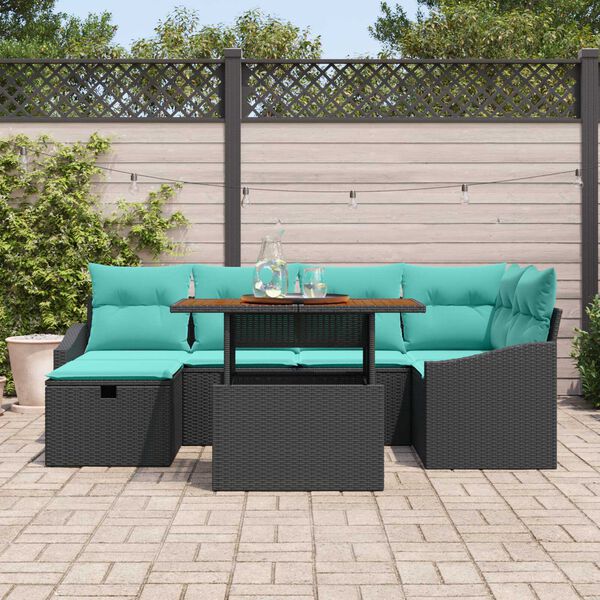 vidaXL 7 Piece Garden Sofa Set with Cushions Black Poly Rattan