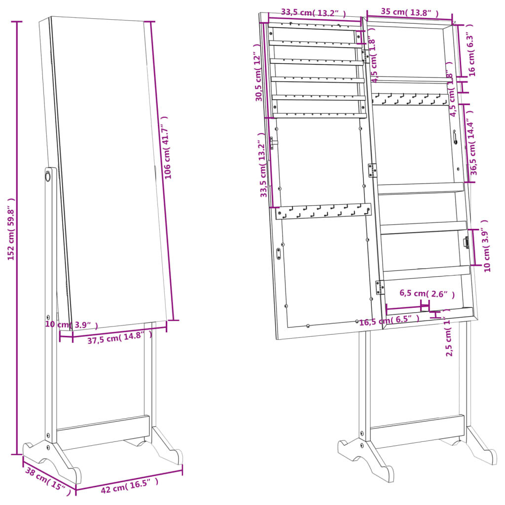 vidaXL Mirror Jewellery Cabinet Free Standing White 42x38x152 cm