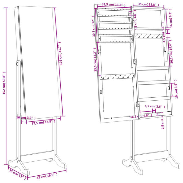 vidaXL Mirror Jewellery Cabinet Free Standing White 42x38x152 cm