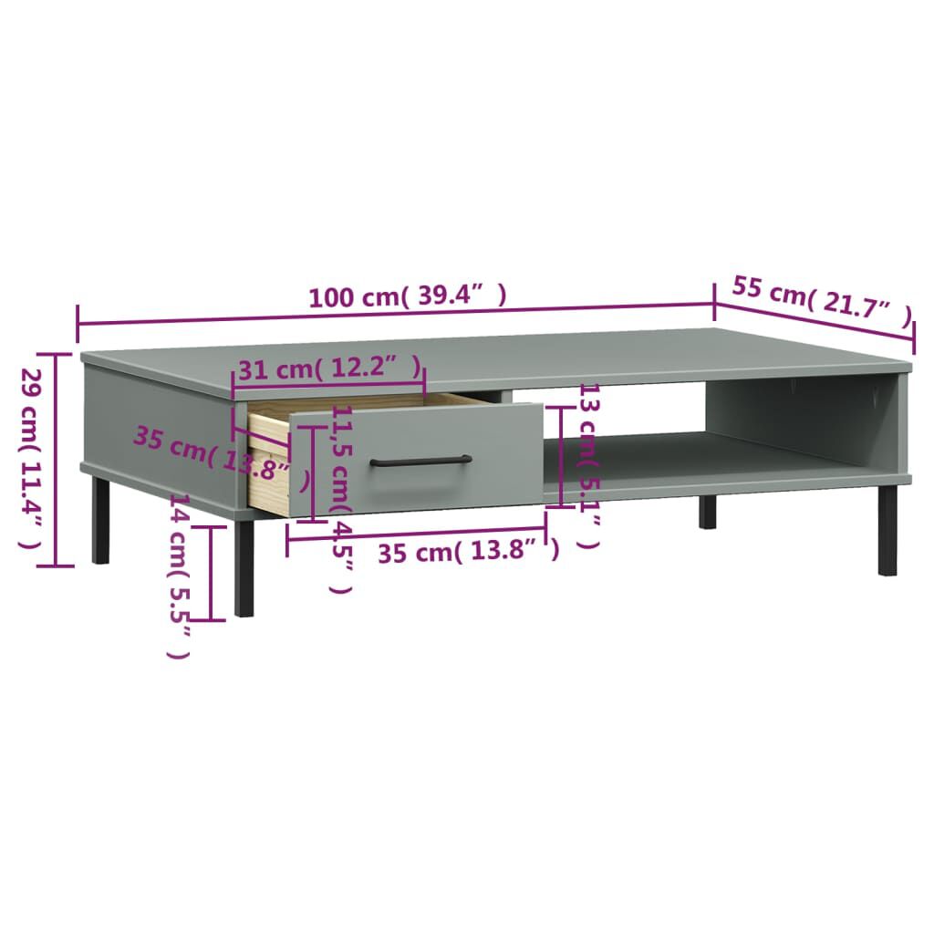 vidaXL Coffee Table with Metal Legs Grey Solid Wood Pine OSLO