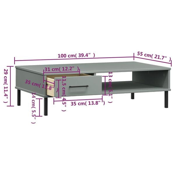 vidaXL Coffee Table with Metal Legs Grey Solid Wood Pine OSLO