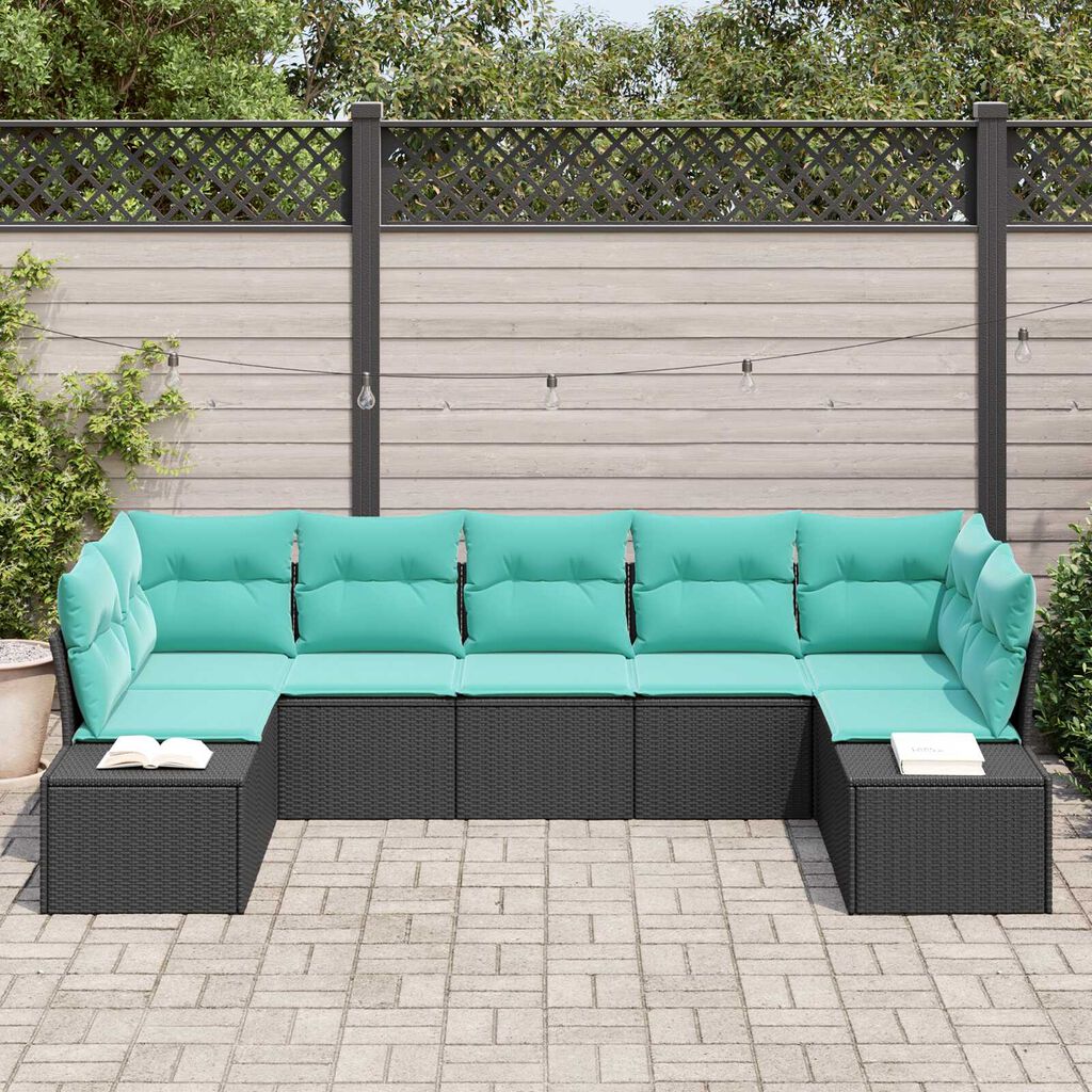 vidaXL 7 Piece Garden Sofa Set with Cushions Black Poly Rattan