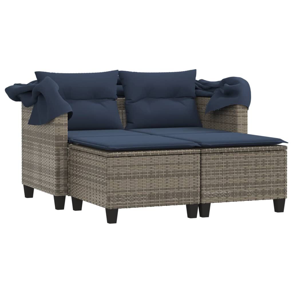 vidaXL Garden Sofa 2-Seater with Canopy and Stools Grey Poly Rattan