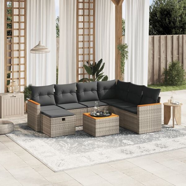 vidaXL 8 Piece Garden Sofa Set with Cushions Grey Poly Rattan