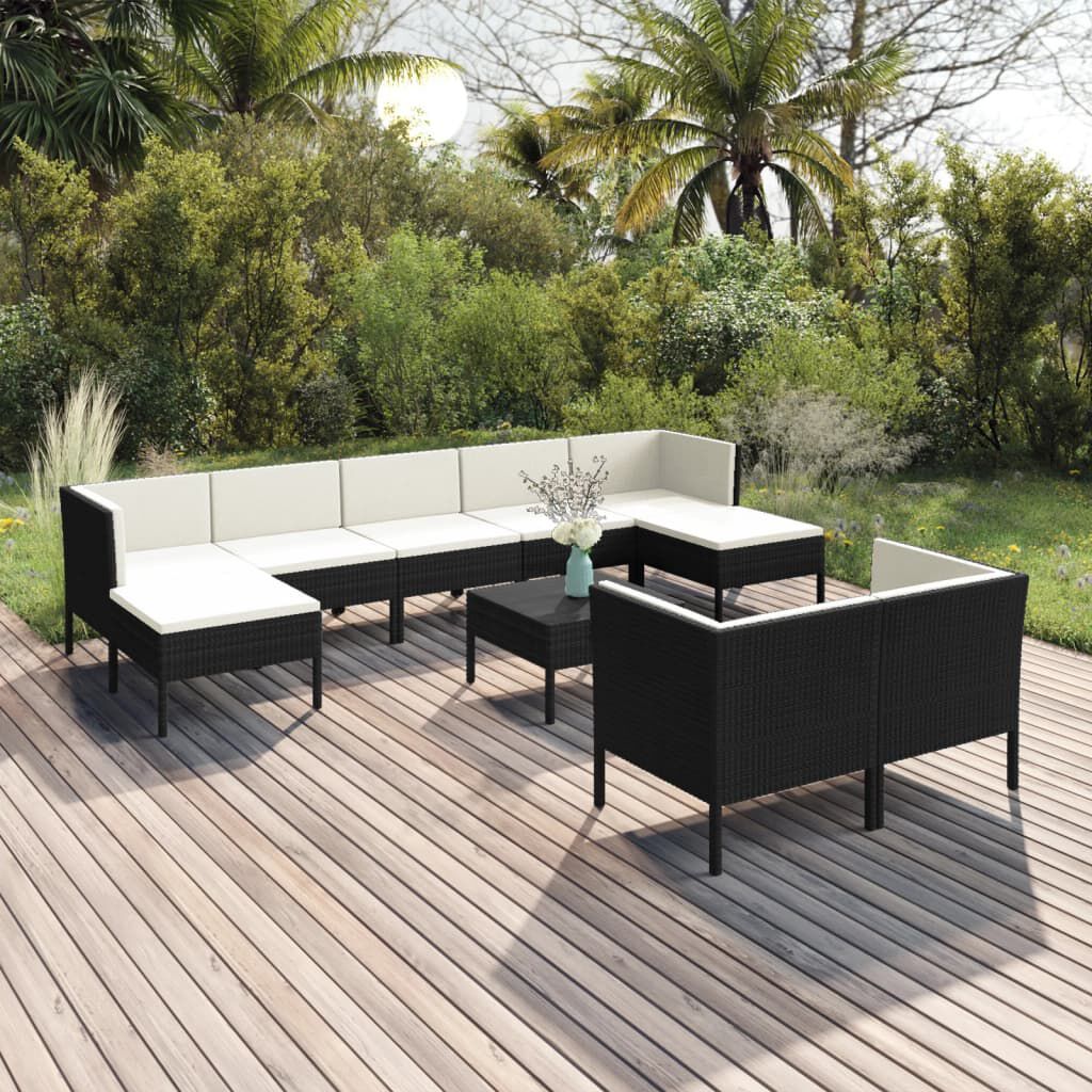 vidaXL 10 Piece Garden Lounge Set with Cushions Poly Rattan Black