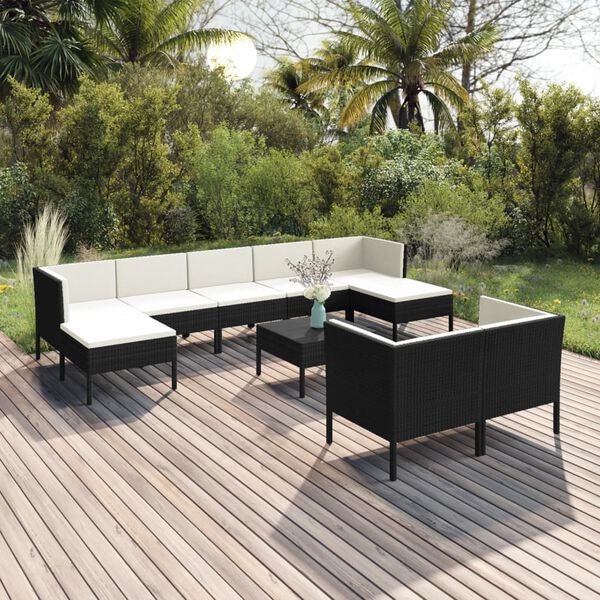 vidaXL 10 Piece Garden Lounge Set with Cushions Poly Rattan Black