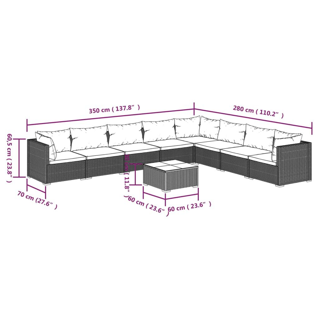 vidaXL 9 Piece Garden Lounge Set with Cushions Poly Rattan Black