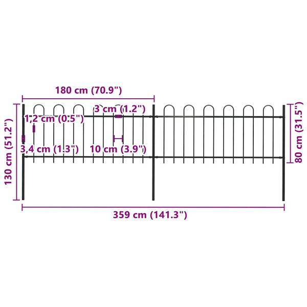 vidaXL Garden Fence with Hoop Top Steel 359x80 cm Black